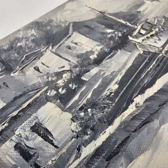 Vintage Painting Canvas Signed Small Water Scene Harbor Boat Landscape Grayscale - Picture 6 of 10